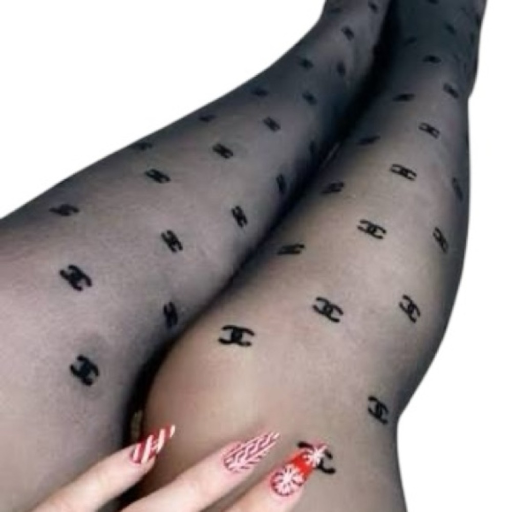 C Inspired Logo Velvet Black Patterned Tights - Picture 2 of 2